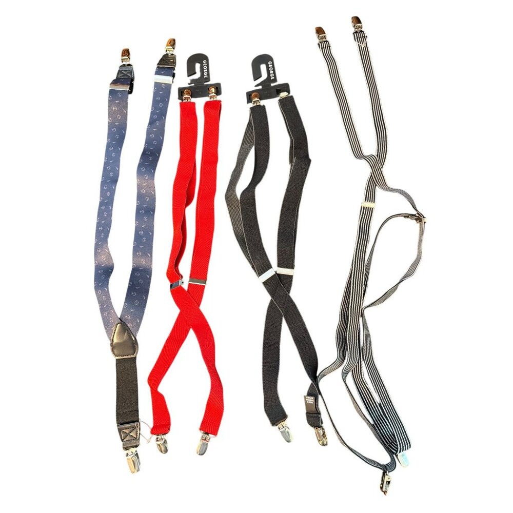 Set Of 4 Adjustable Mens Suspenders George Red Black Anchors Striped Adj NEW